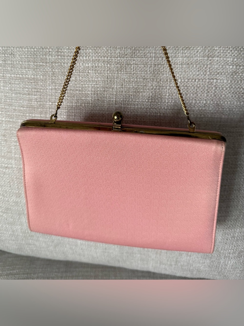 Vintage Midcentury Pink Clutch with Gold Chain Frame